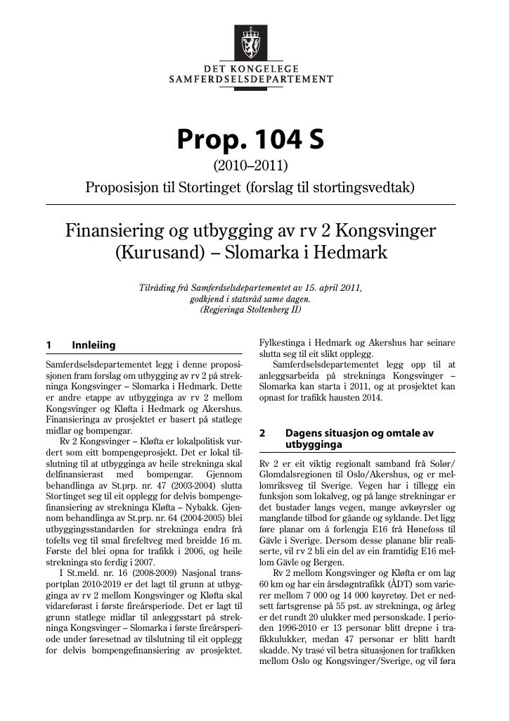 Forsiden av dokumentet Prop. 104 S (2010–2011)