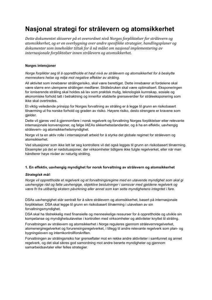 Forsiden av dokumentet Nasjonal strategi for strålevern og atomsikkerhet