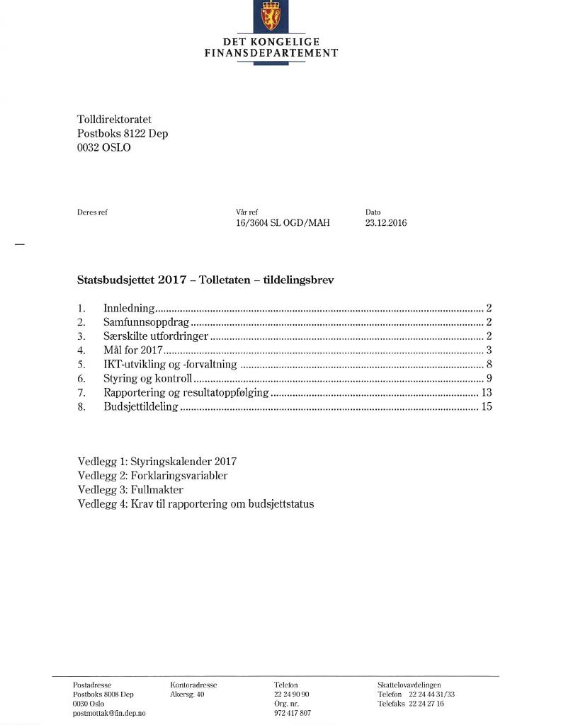 Forsiden av dokumentet Tildelingsbrev (pdf)