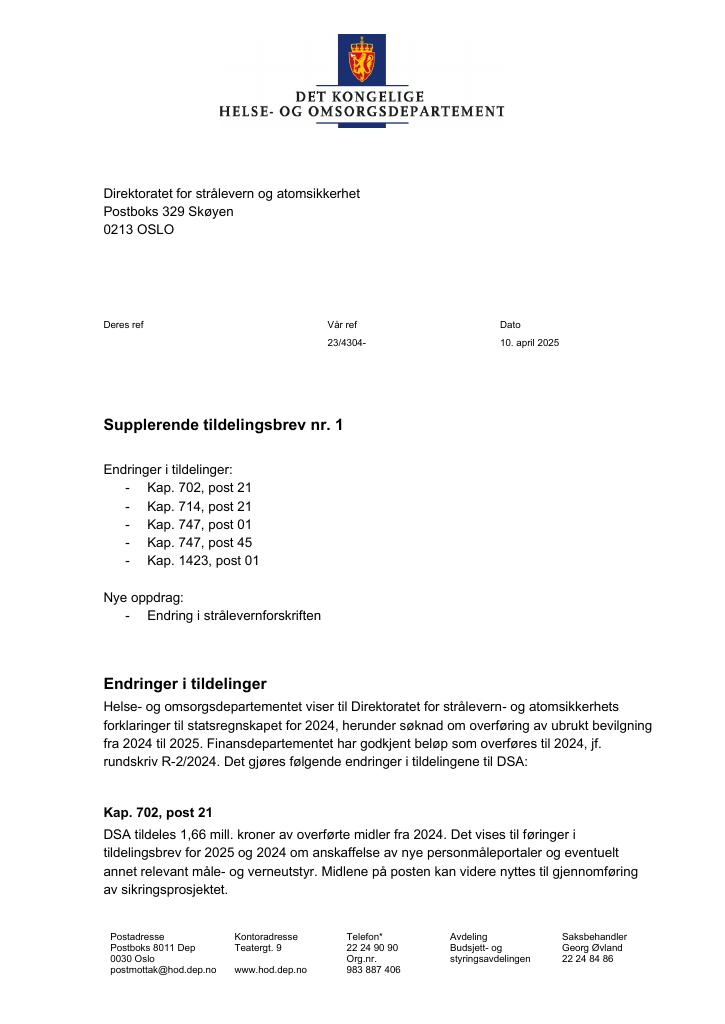 Forsiden av dokumentet Tildelingsbrev Direktoratet for strålevern og atomsikkerhet 2025 - tillegg nr. 1