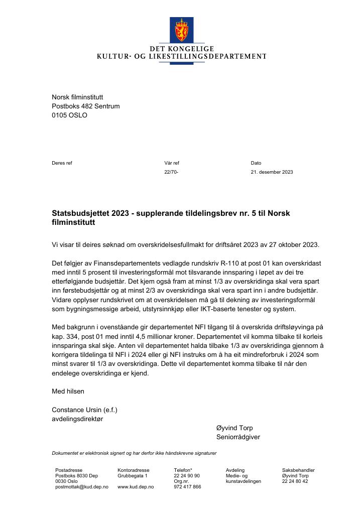 Forsiden av dokumentet Supplerende tildelingsbrev nr. 5 (.pdf) 2023