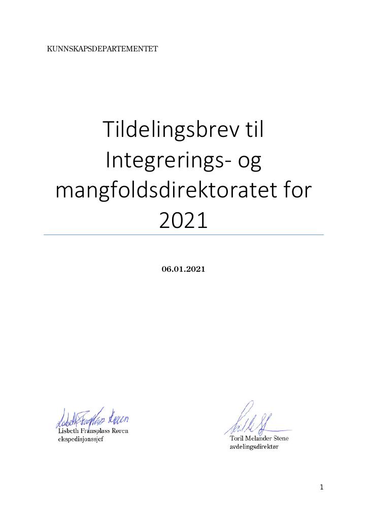 Forsiden av dokumentet Tildelingsbrev Integrerings- og mangfoldsdirektoratet 2021