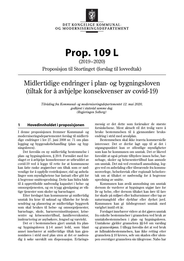 Forsiden av dokumentet Prop. 109 L (2019–2020)