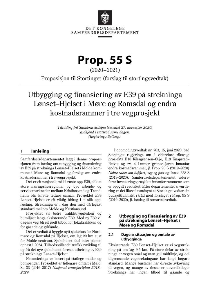 Forsiden av dokumentet Prop. 55 S (2020–2021)