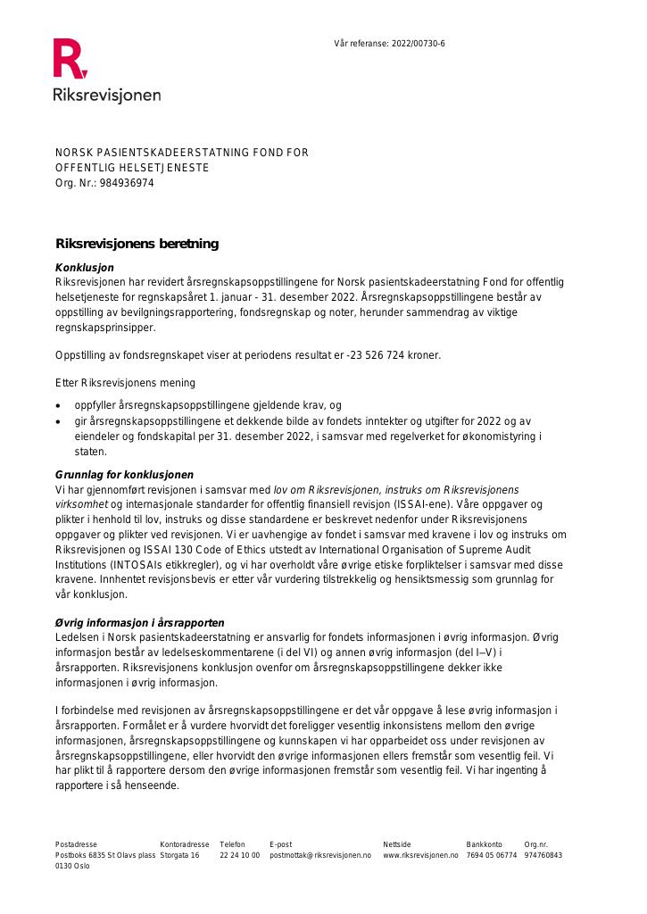 Forsiden av dokumentet Revisjonsberetning Fond for offentlig helsetjeneste 2022