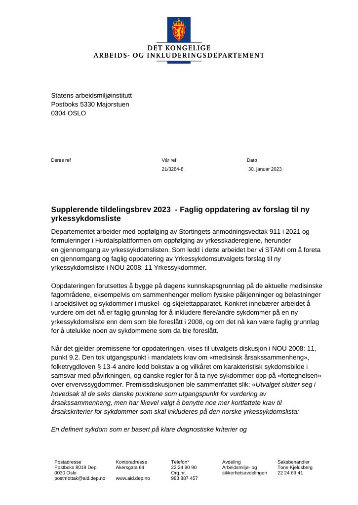Forsiden av dokumentet Tildelingsbrev Statens arbeidsmiljøinstitutt (STAMI) 2023 - tillegg