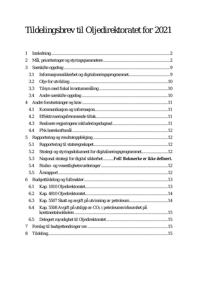 Forsiden av dokumentet Tildelingsbrev Oljedirektoratet 2021