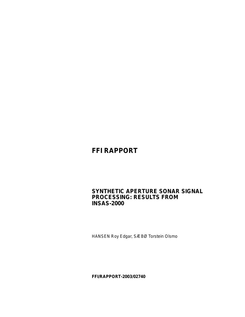 Forsiden av dokumentet Synthetic aperture sonar signal processing : results from INSAS-2000