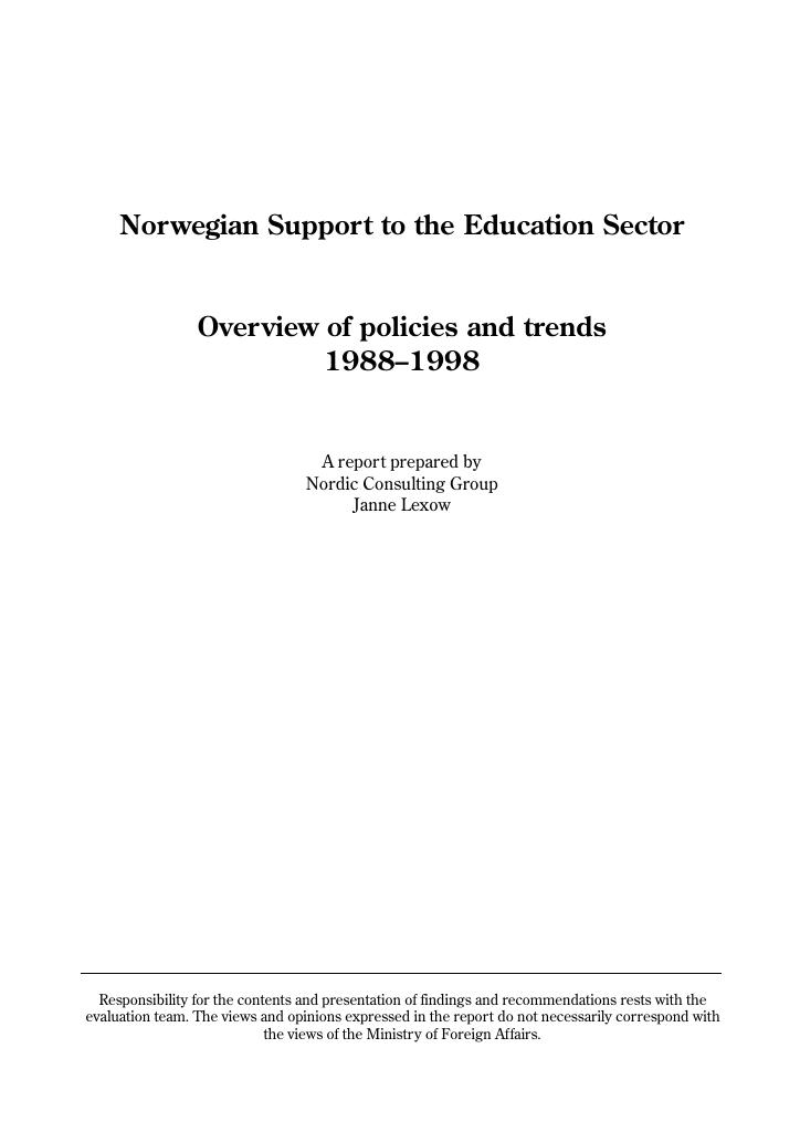 Forsiden av dokumentet Norwegian Support to the Education Sector - Overview of policies and trends 1988-1998