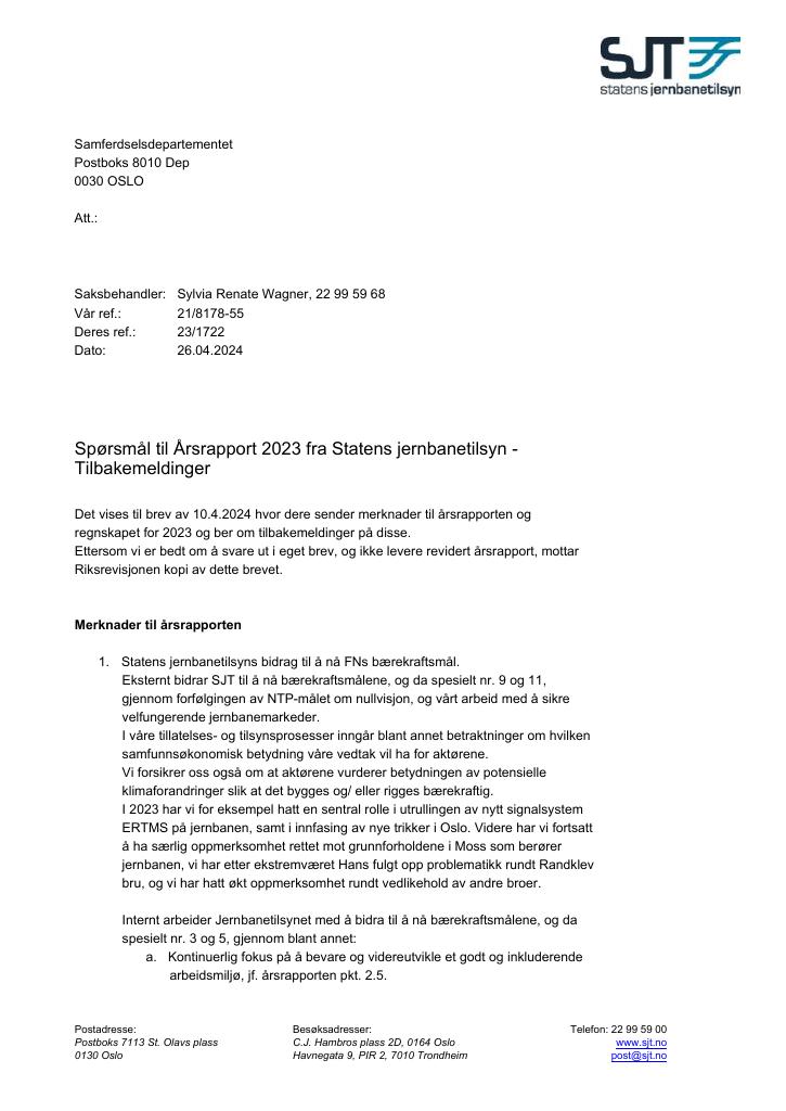 Forsiden av dokumentet Spørsmål til Årsrapport 2023 fra Statens jernbanetilsyn: Tilbakemeldinger fra tilsynet