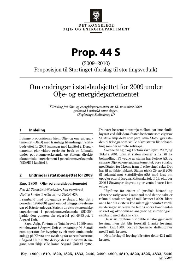Forsiden av dokumentet Prop. 44 S (2009–2010)