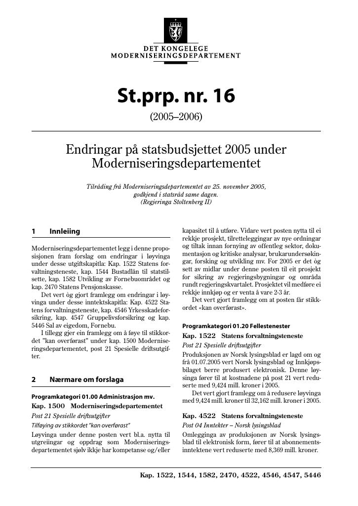 Forsiden av dokumentet St.prp. nr. 16 (2005-2006)