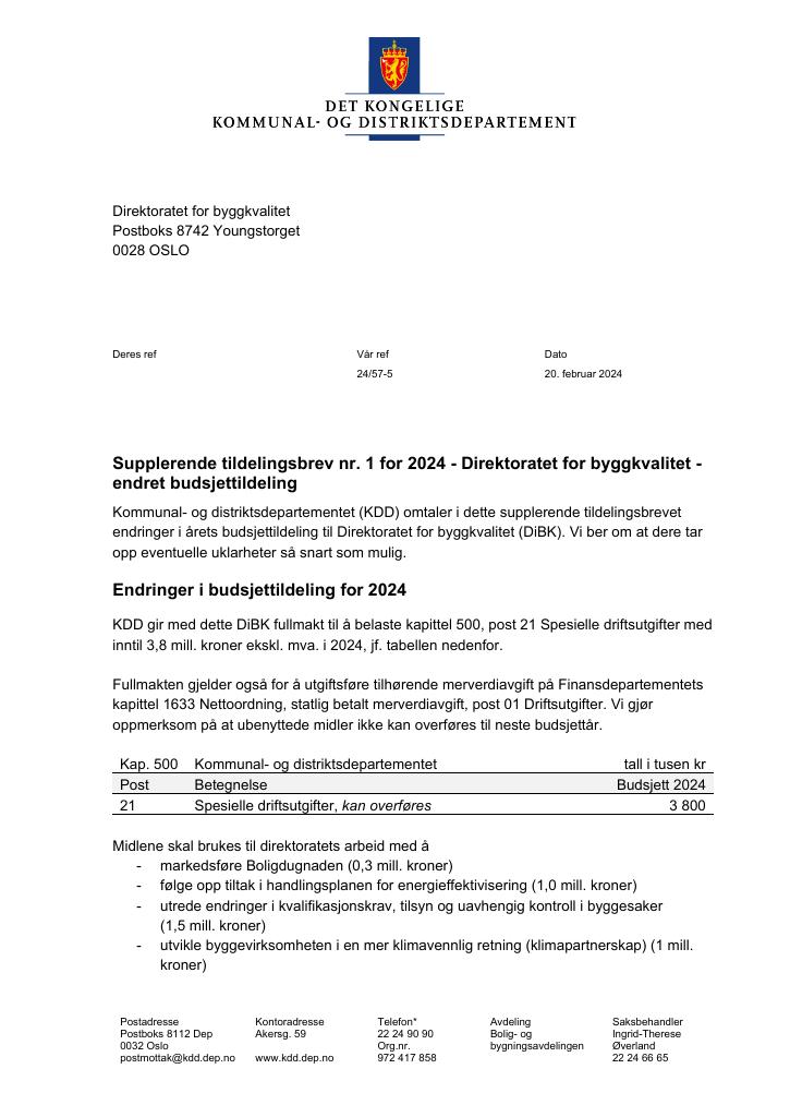 Forsiden av dokumentet Supplerende tildelingsbrev nr. 1 for 2024 (pdf)