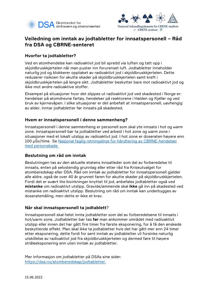Forsiden av dokumentet Veiledning om inntak av jodtabletter for innsatspersonell – Råd fra DSA og CBRNE-senteret