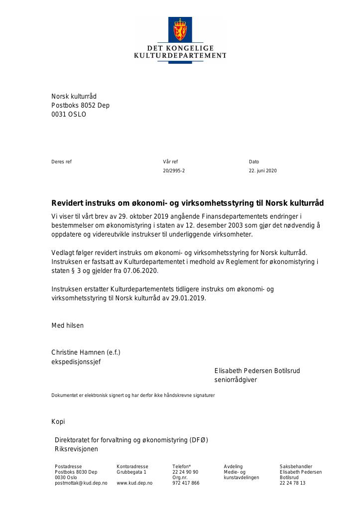 Forsiden av dokumentet Revidert instruks Norsk kulturråd 2020