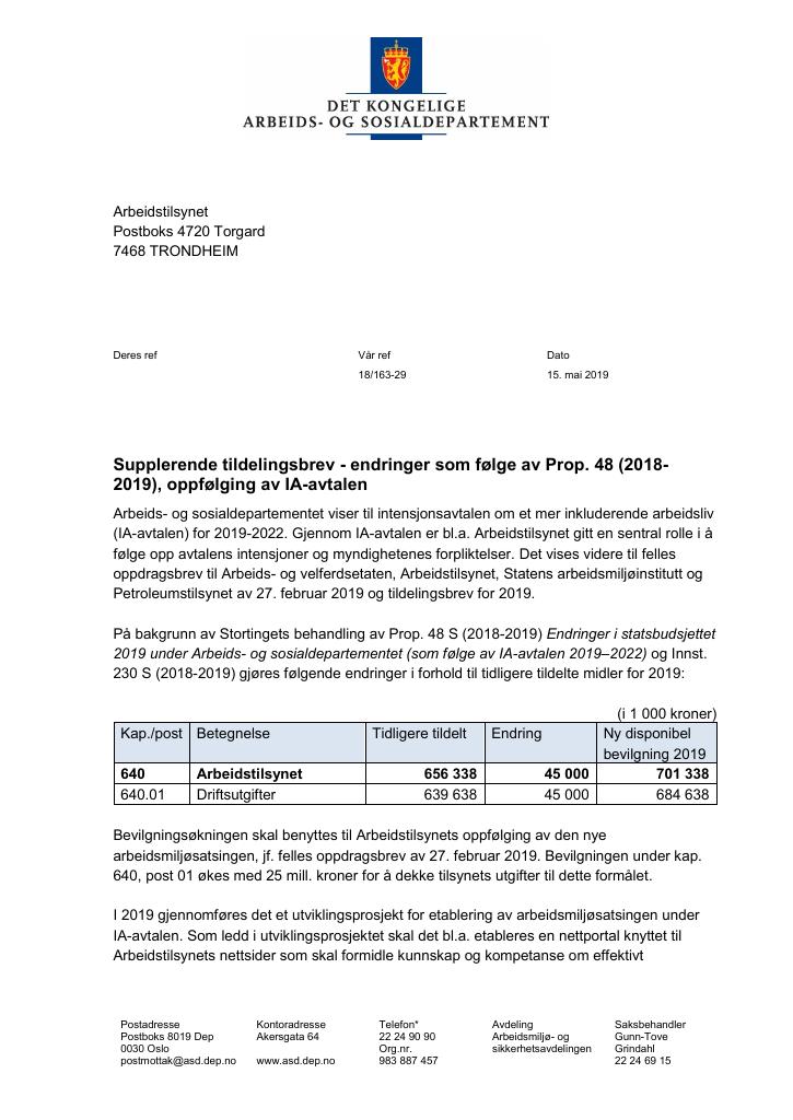 Forsiden av dokumentet Supplerende tildelingsbrev nr. 4 Arbeidstilsynet 2019