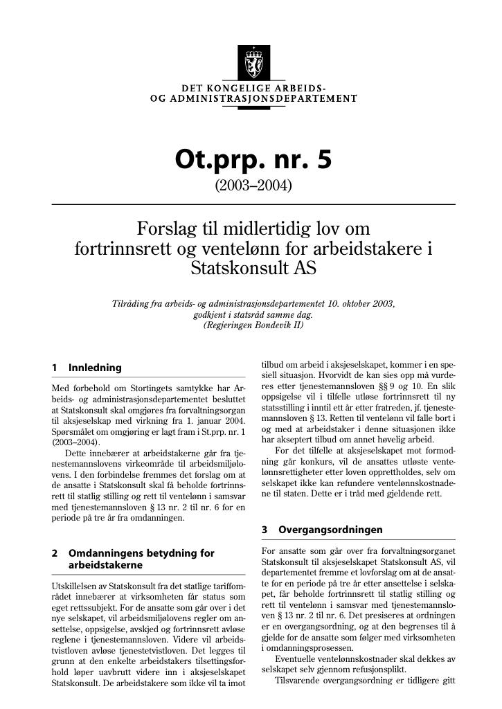 Forsiden av dokumentet Ot.prp. nr. 5 (2003-2004)
