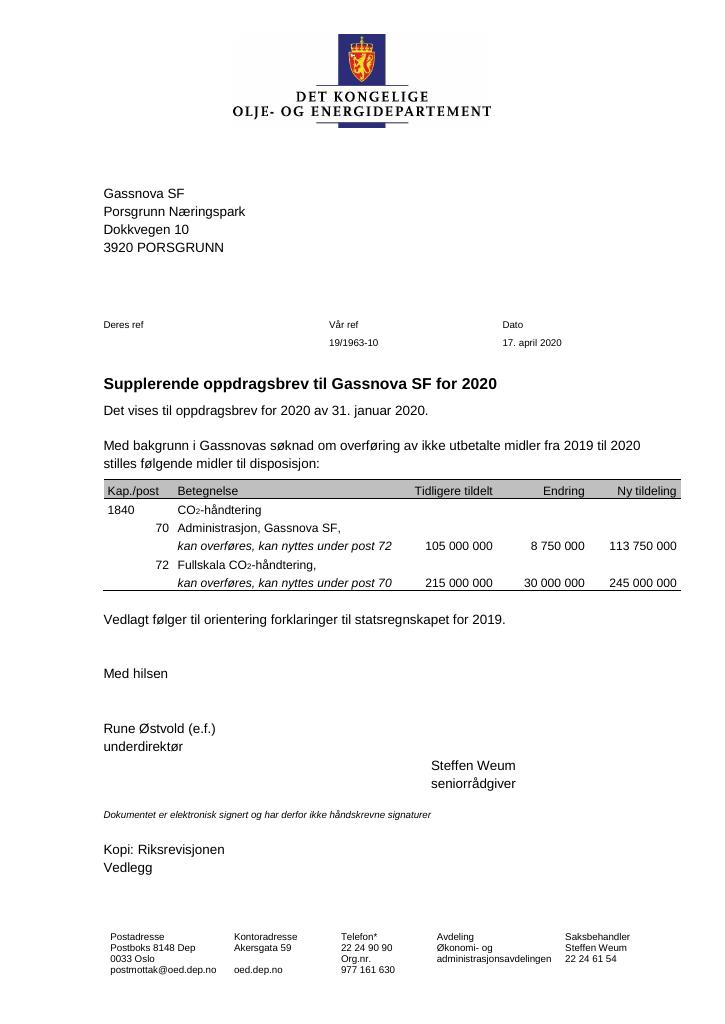 Forsiden av dokumentet Oppdragsbrev Gassnova 2020 - tillegg nr. 1