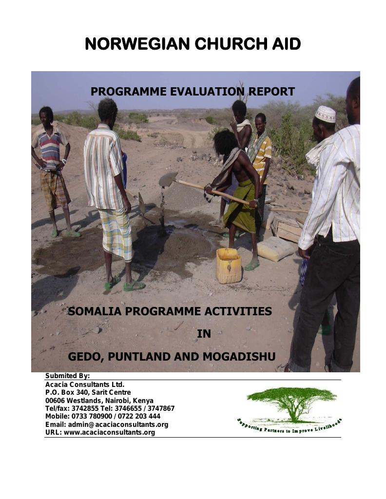Forsiden av dokumentet Programme Evaluation Report, Somalia Programme Activities in Gedo, Puntland and Mogadishu