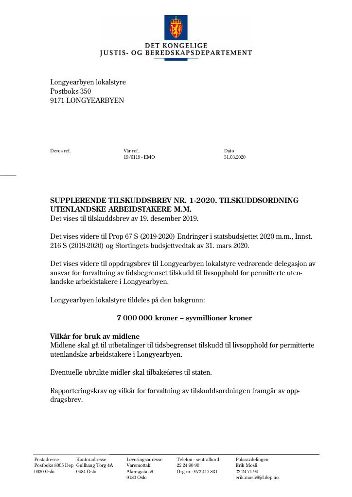 Forsiden av dokumentet Supplerende tilskuddsbrev Longyearbyen lokalstyre 2020 - nr. 1