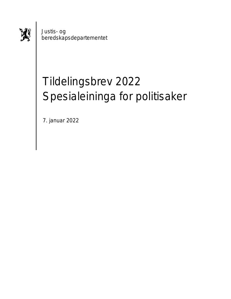 Forsiden av dokumentet Tildelingsbrev Specialenheten for politisaker 2022