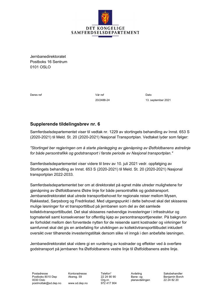 Forsiden av dokumentet Tildelingsbrev Jernbanedirektoratet 2021 - tillegg nr. 6