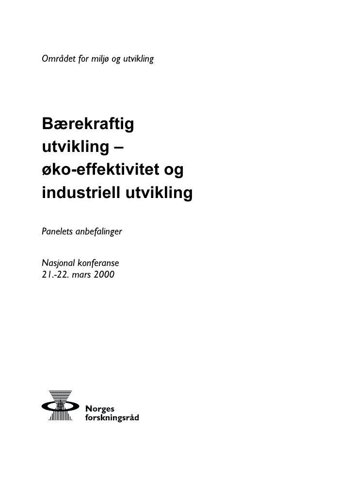 Forsiden av dokumentet Bærekraftig utvikling - Øko-effektivitet og industriell utvikling