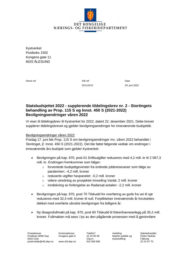 Forsiden av dokumentet Tildelingsbrev Kystverket 2022 - tillegg nr. 2