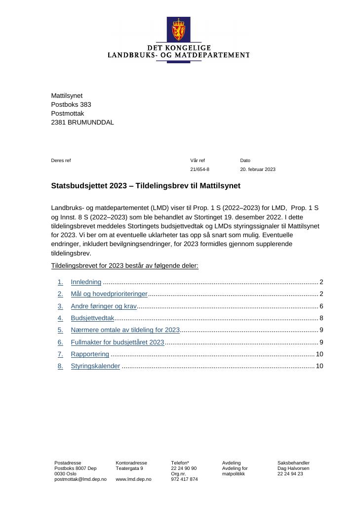 Forsiden av dokumentet Tildelingsbrev Mattilsynet 2023