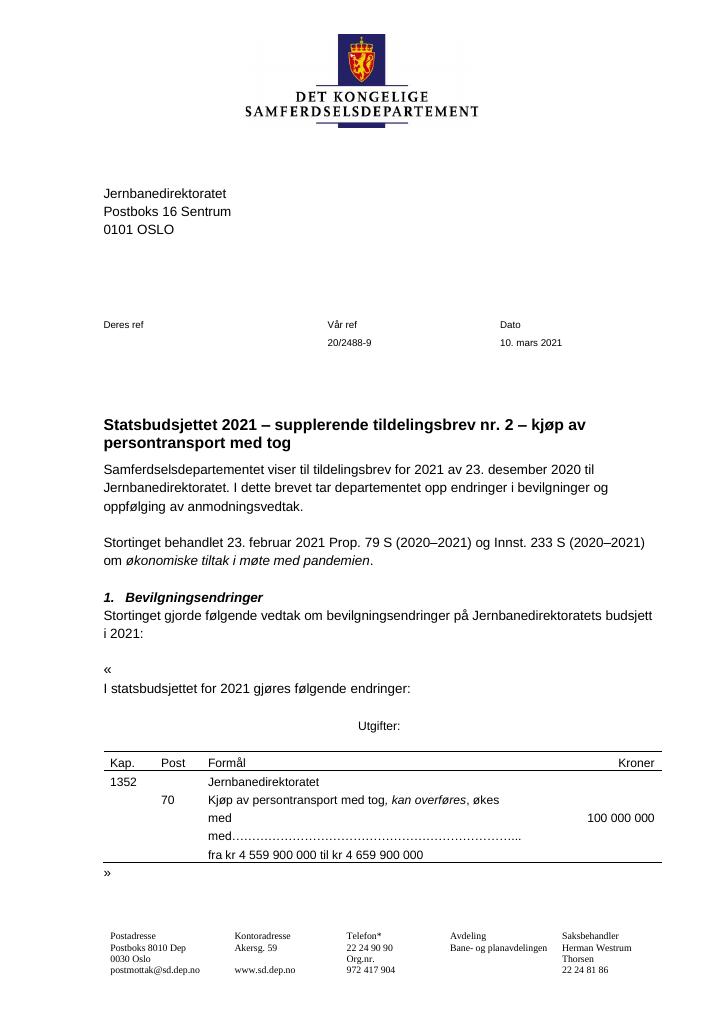 Forsiden av dokumentet Tildelingsbrev Jernbanedirektoratet 2021 - tillegg nr. 2