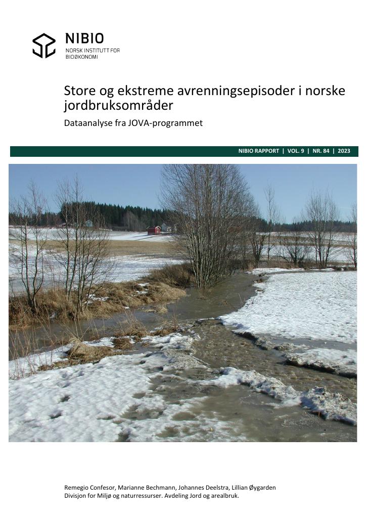 Forsiden av dokumentet Store og ekstreme avrenningsepisoder i norske jordbruksområder. Dataanalyse fra JOVA-programmet