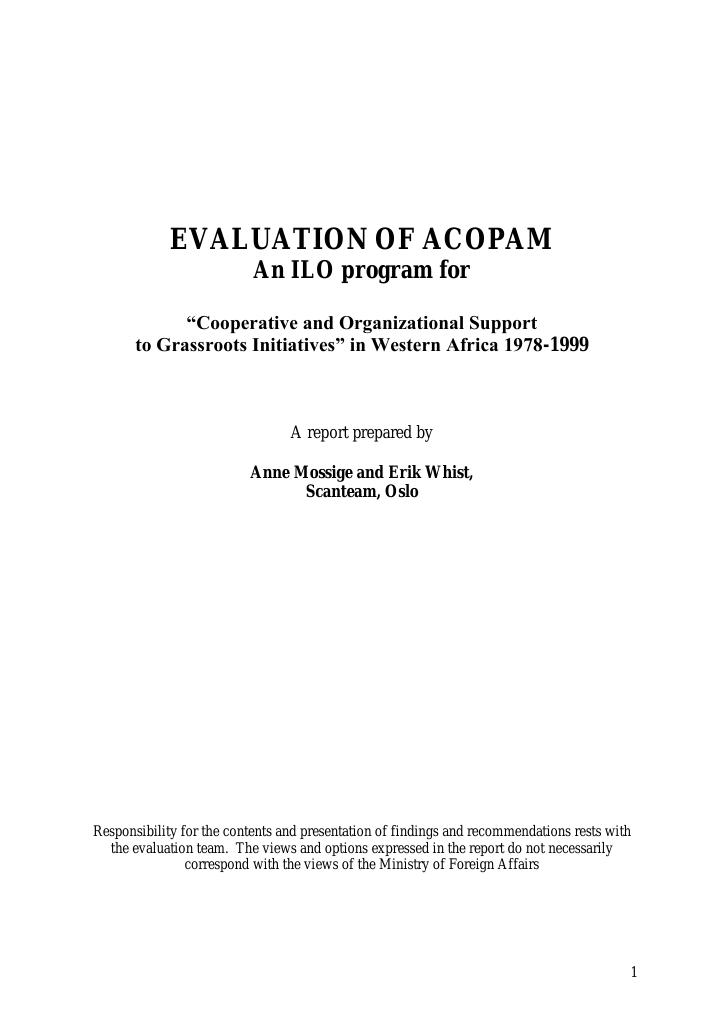 Forsiden av dokumentet EVALUATION OF ACOPAM: An ILO program for “Cooperative and Organizational Support to Grassroots Initiatives” in Western Africa 1978-1999