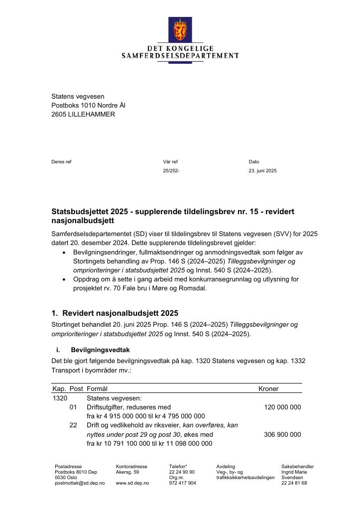 Forsiden av dokumentet Tildelingsbrev Statens vegvesen 2025 - tillegg nr. 15