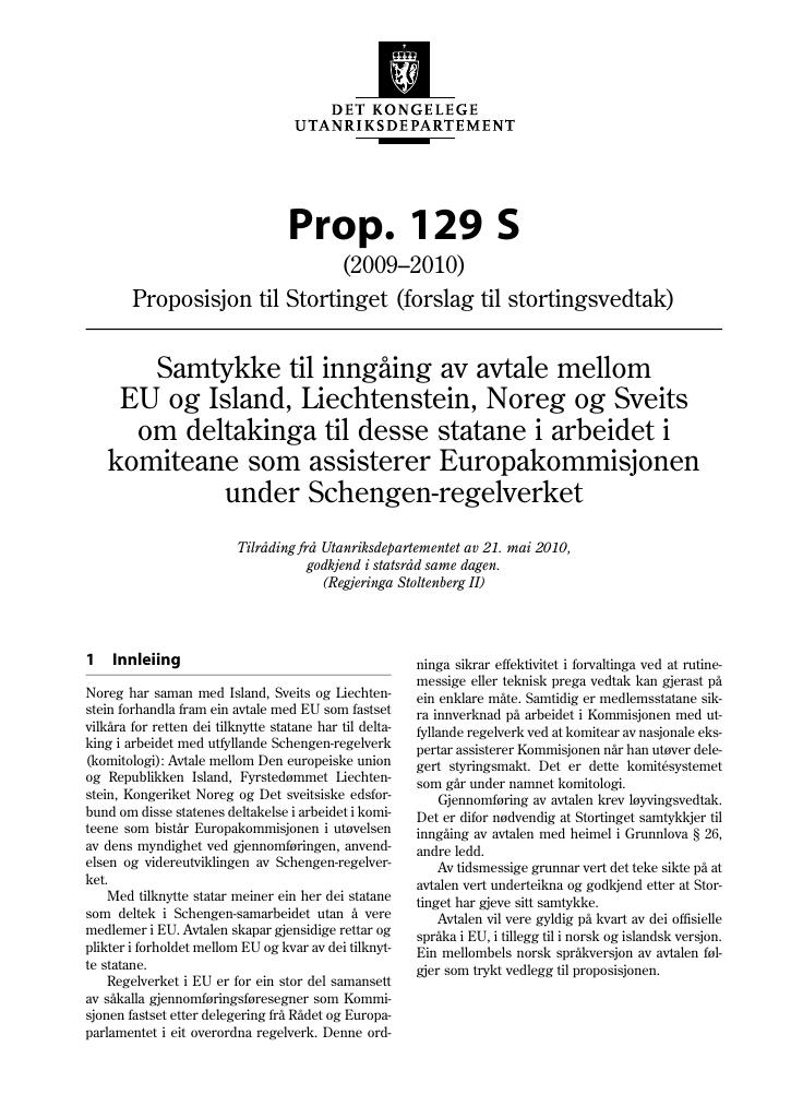 Forsiden av dokumentet Prop. 129 S (2009-2010)