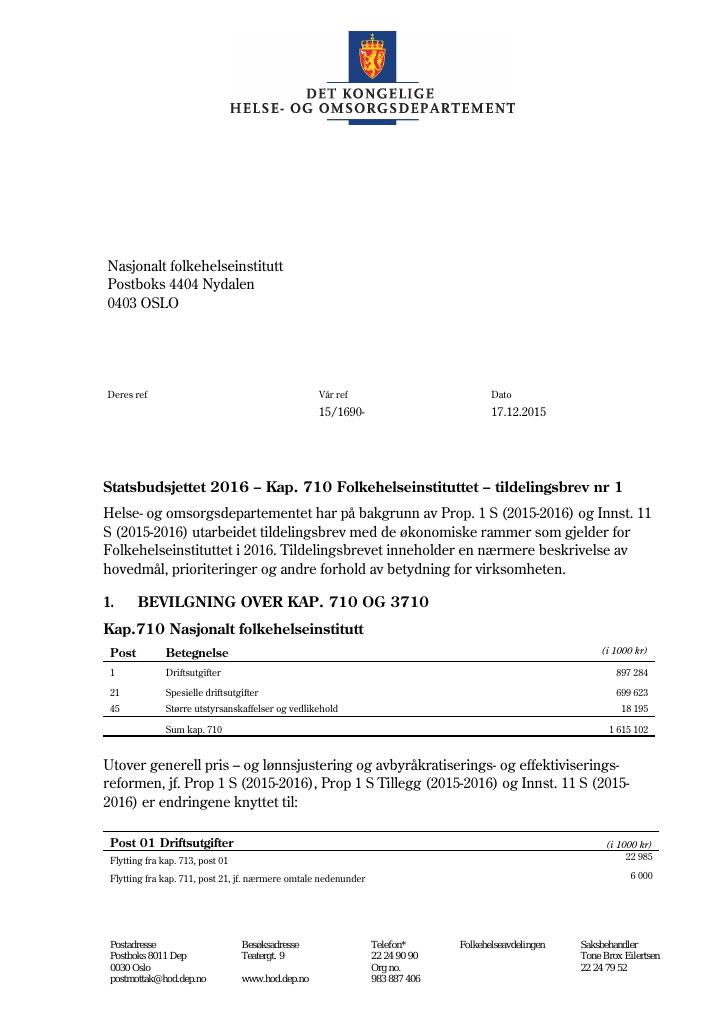 Forsiden av dokumentet Tildelingsbrev (pdf)