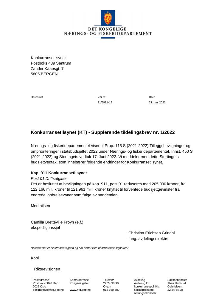 Forsiden av dokumentet Tildelingsbrev Konkurransetilsynet 2022 - tillegg