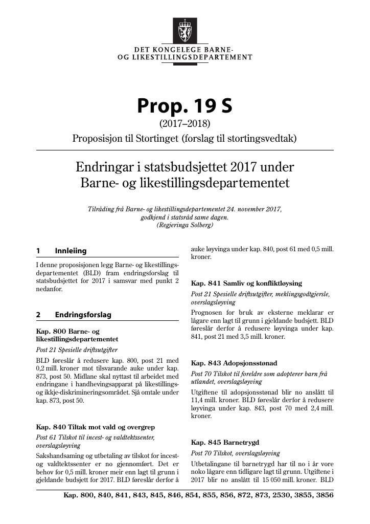 Forsiden av dokumentet Prop. 19 S (2017–2018)