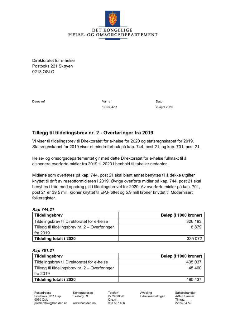 Forsiden av dokumentet Tildelingsbrev Direktoratet for e-helse  2020 - tillegg nr. 2