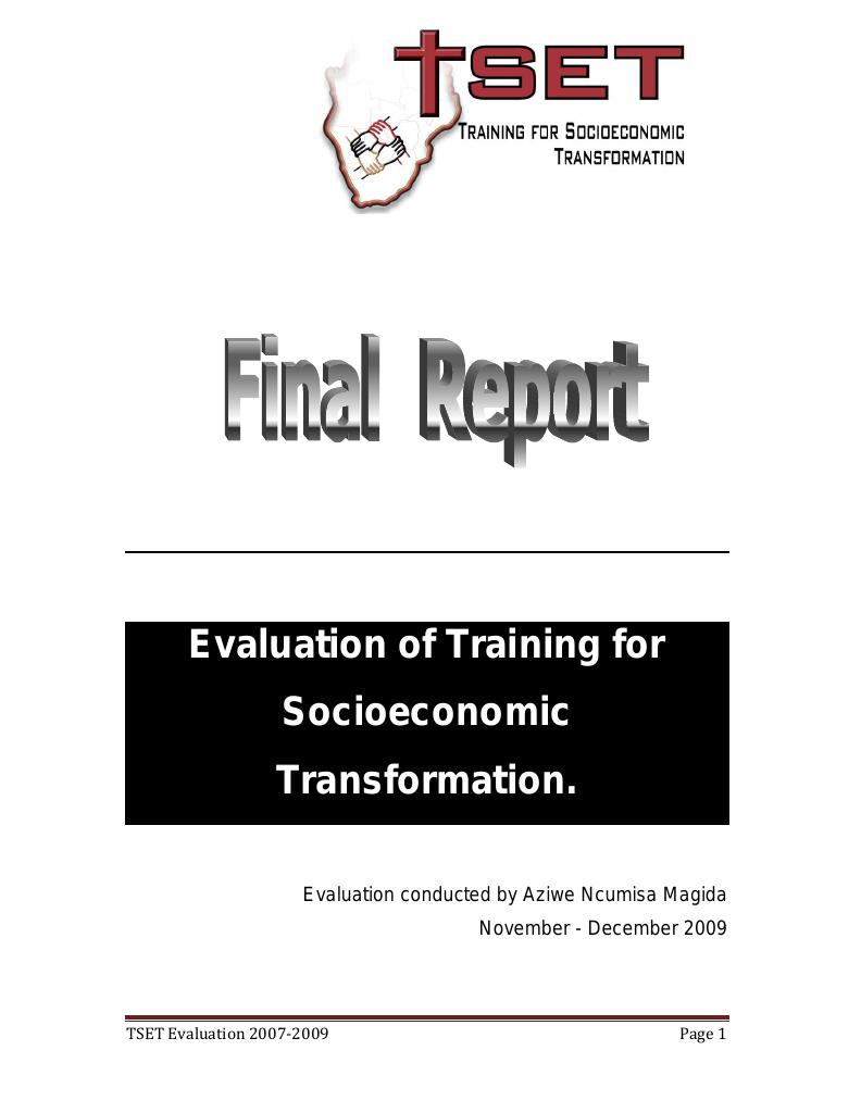 Forsiden av dokumentet Evaluation of Training for Socioeconomic Transformation