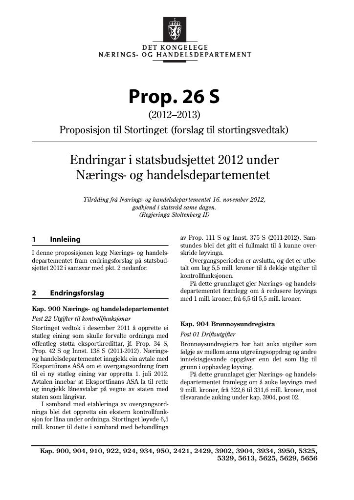 Forsiden av dokumentet Prop. 26 S (2012–2013)