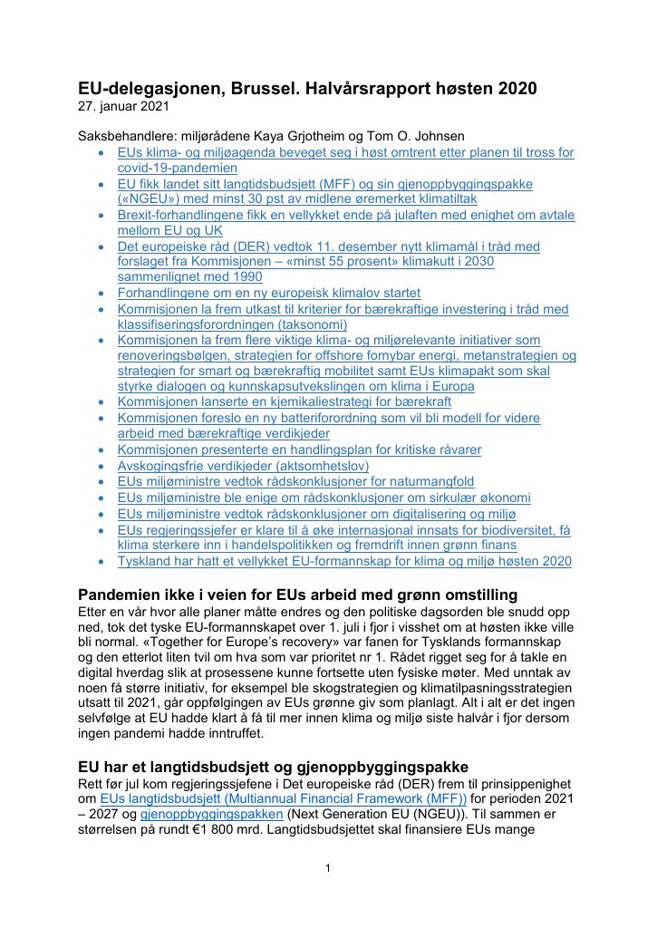 Forsiden av dokumentet EU-delegasjonens halvårsrapport om klima og miljø høst 2020