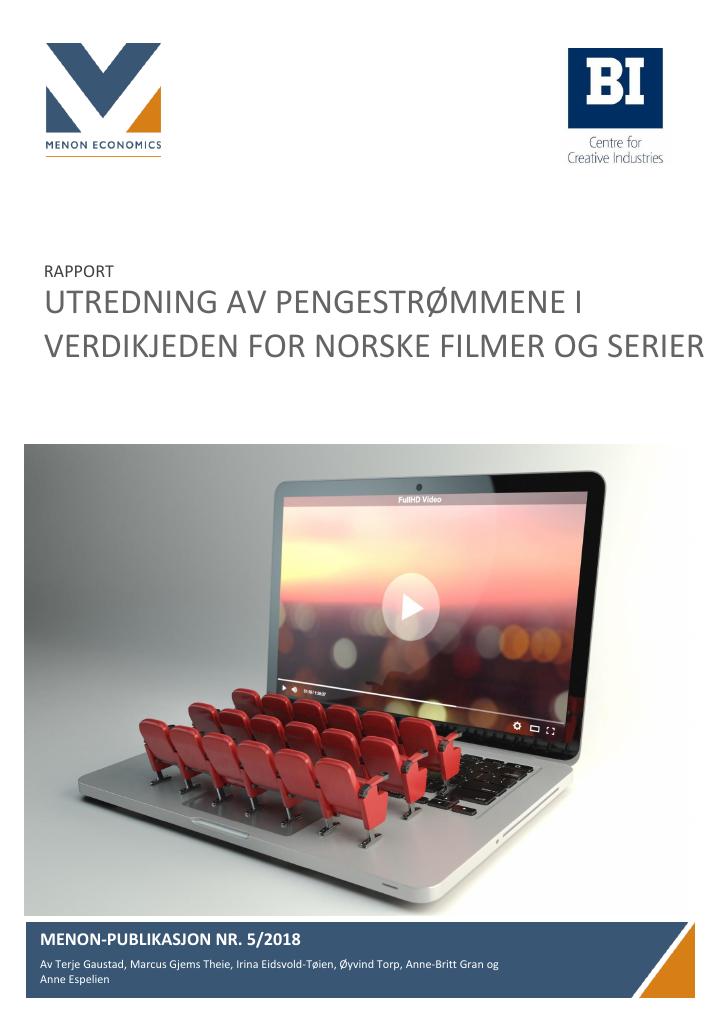 Forsiden av dokumentet Utredning av pengestrømmene i verdikjeden for norske filmer og serier