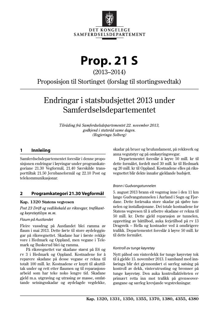 Forsiden av dokumentet Prop. 21 S (2013–2014)