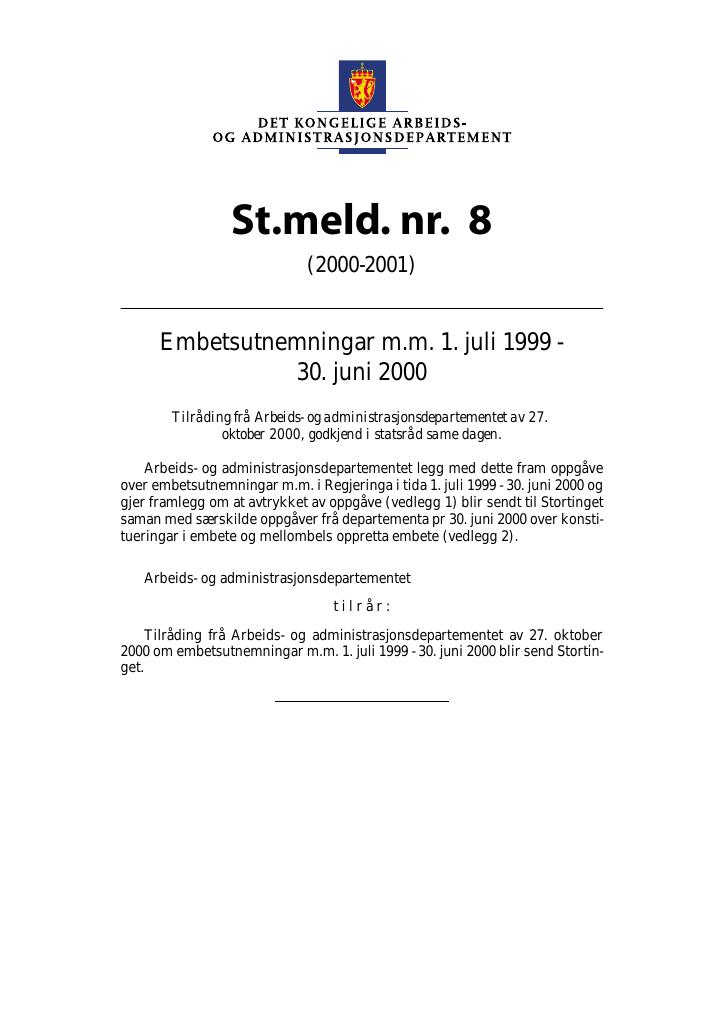 Forsiden av dokumentet St.meld. nr. 8 (2000-2001)