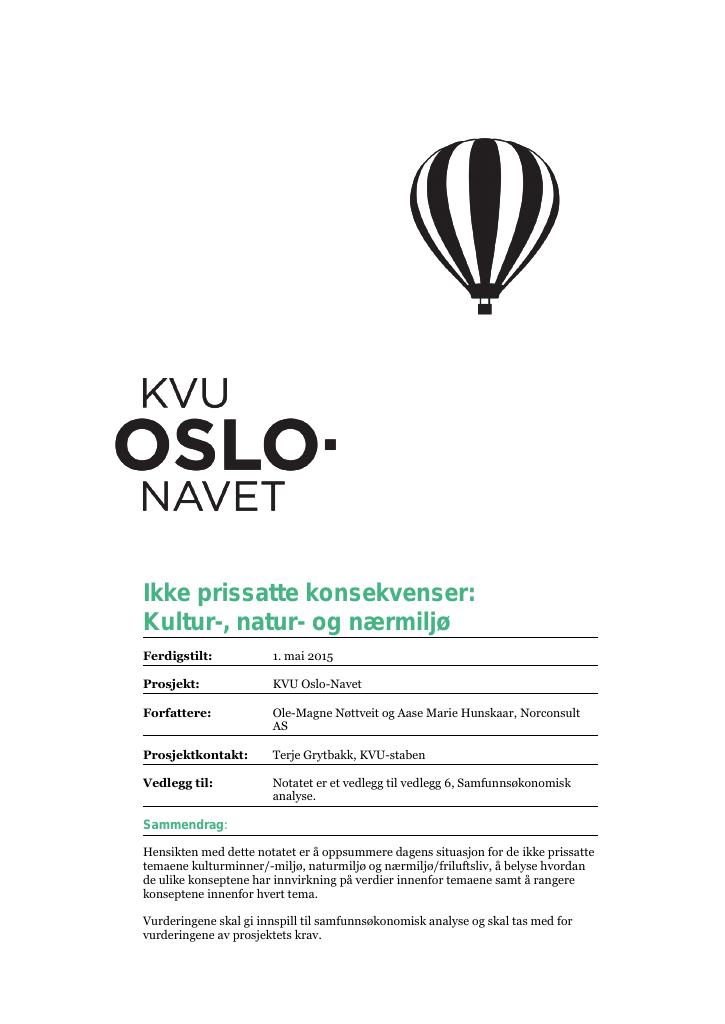 Forsiden av dokumentet KVU Oslo-navet - Ikke prissatte konsekvenser: Kultur-, natur- og nærmiljø