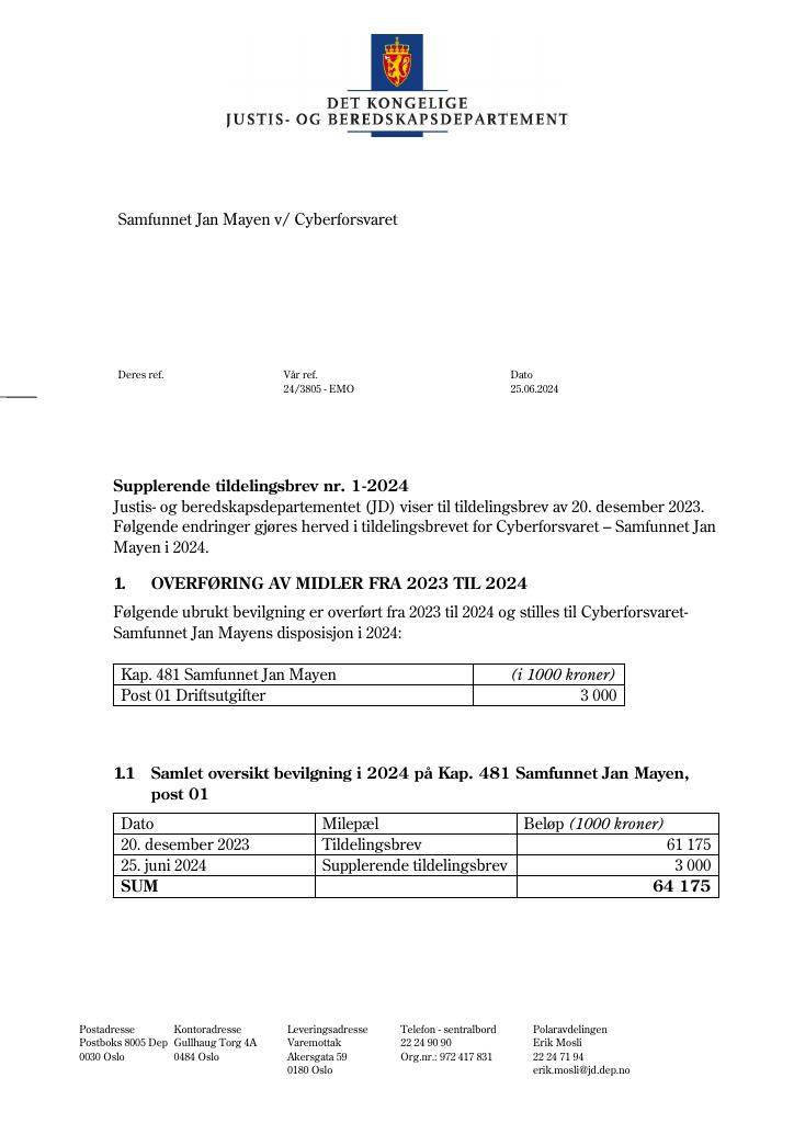 Forsiden av dokumentet Tildelingsbrev Samfunnet Jan Mayen – Cyberforsvaret 2024 - tillegg nr. 1