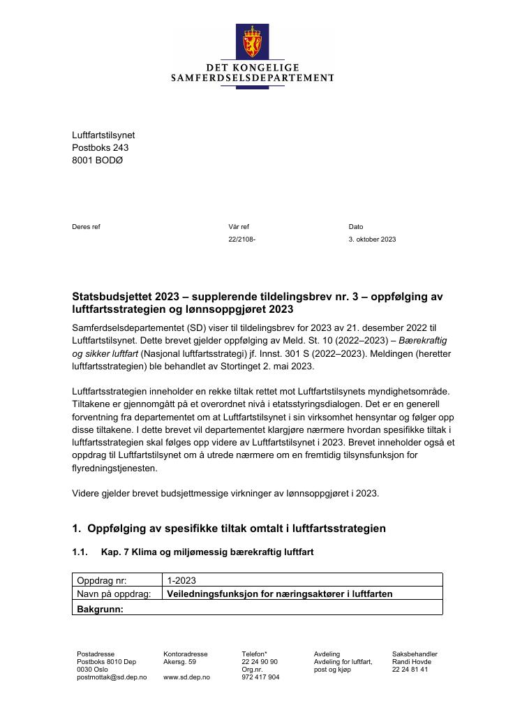 Forsiden av dokumentet Tildelingsbrev Luftfartstilsynet 2023 - tillegg nr. 3
