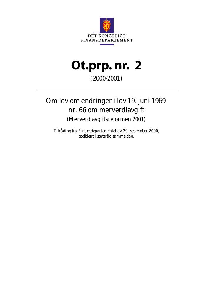 Forsiden av dokumentet Ot.prp. nr. 2 (2000-2001)