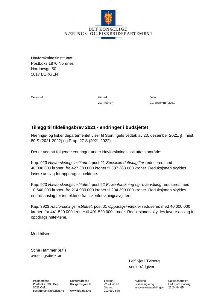 Forsiden av dokumentet Tildelingsbrev Havforskningsinstituttet 2021 - tillegg