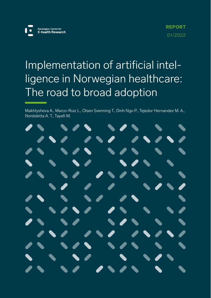 Forsiden av dokumentet Implementation of artificial intelligence in Norwegian healthcare: The road to broad adoption